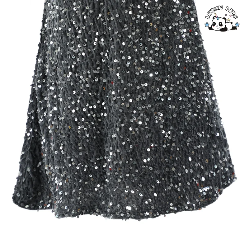 LEZONKIDS - Vestido curto com lantejoulas e mangas curtas para meninas, moda infantil, vestido solto em forma de A para aniversário